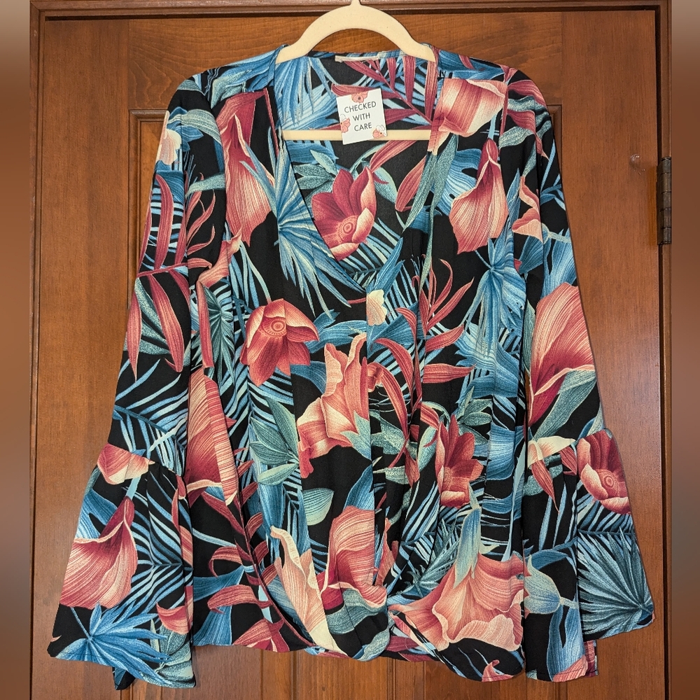 Oddy - Tropical Floral bell sleeve top - v neck - medium - black pink & blue